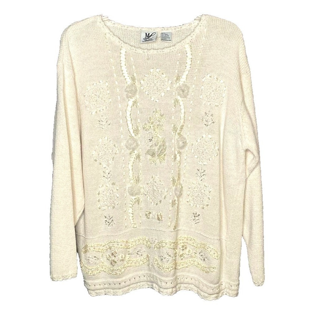 Vintage women's Maggie Lawrence white beaded/detailed sweater‎ large cottagecore